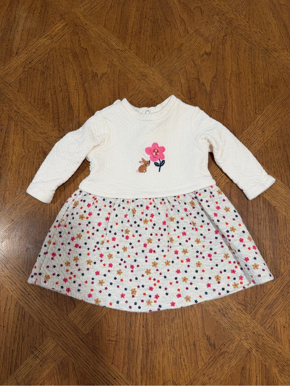 Cream Knit Long-Sleeve Baby Dress with Floral Skirt - 6 Months